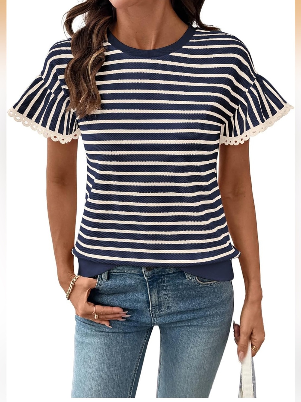 🆕 NWOT Striped Navy & White Short Sleeve Knit Top with Lace Trim